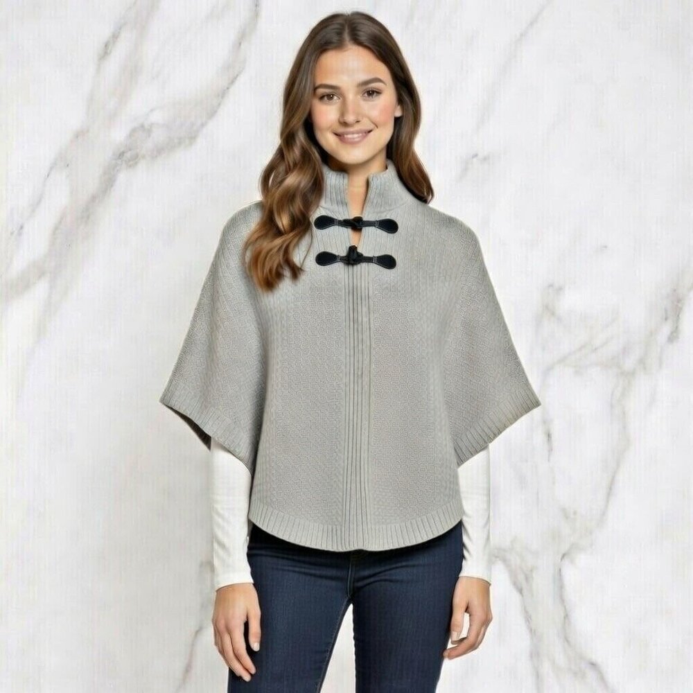 Tahari Women's Gray Ribbed Wool Blend Cape w Leather Buckles, Size M